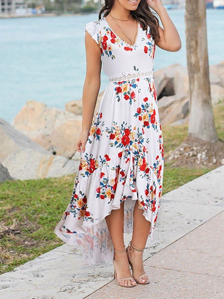 Dam Swallowtail Floral Print V-neck Sweet Pullover Dress