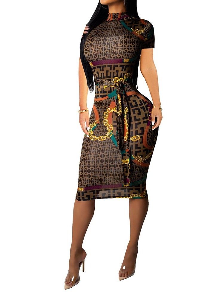 Kvinnors Afrikanska Mode Mid-calf Pencil Geometric Dress