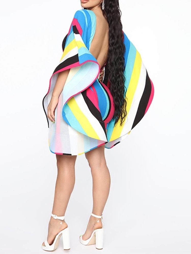 Kvinnors Color Block Flare Sleeve Bodycon Backless Fashion Dress