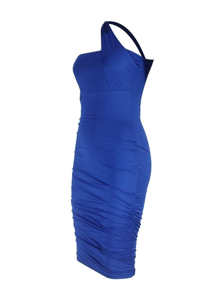 Kvinnors Lapptäcke Ärmlös Mid-calf Plain Blue Bodycon-klänning