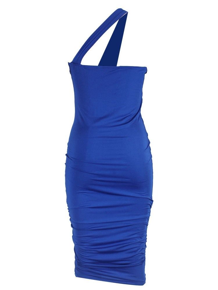 Kvinnors Lapptäcke Ärmlös Mid-calf Plain Blue Bodycon-klänning