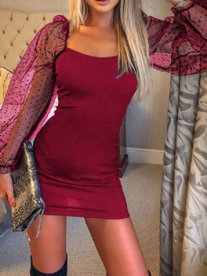 Kvinnors Mesh Över Knäet Långärmad Mesh Puff Ärmar Bodycon Klänning