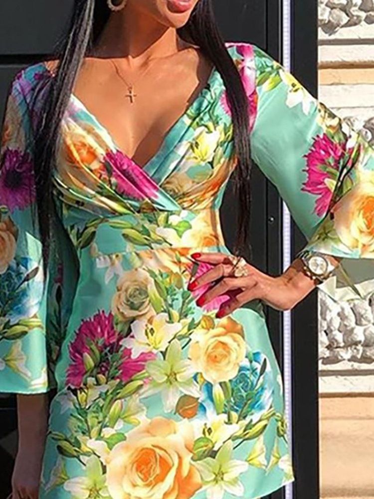 Kvinnors Nio Poäng Ärmtryck V-ringad Bodycon Blommig Klänning