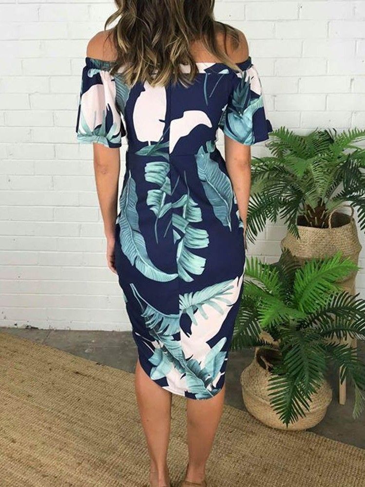 Kvinnors Print Off Shoulder Kortärmad Vanlig Asymmetrisk Klänning