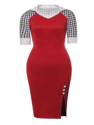 Kvinnors Rutiga Halva Ärmar Color Block With Side Slit Bodycon Dress