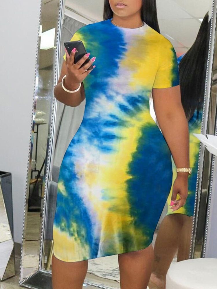 Kvinnors Tie-dye Knälång Kort Ärm Bodycon-klänning I Midja