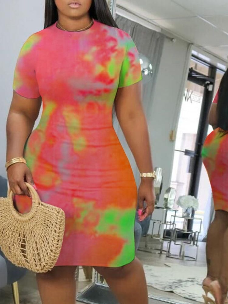 Kvinnors Tie-dye Knälång Kort Ärm Bodycon-klänning I Midja