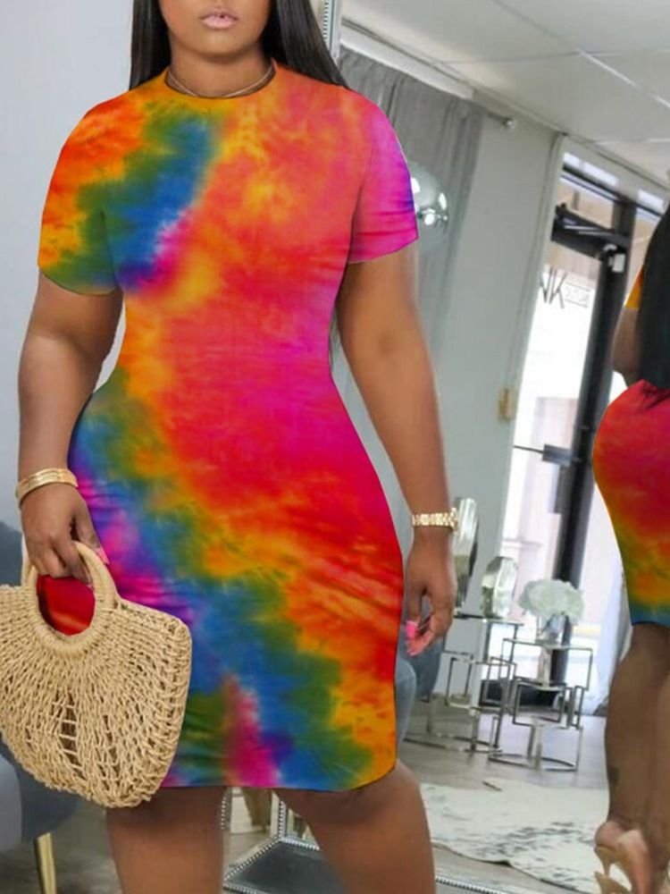 Kvinnors Tie-dye Knälång Kort Ärm Bodycon-klänning I Midja