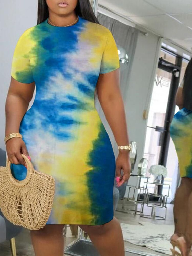 Kvinnors Tie-dye Knälång Kort Ärm Bodycon-klänning I Midja