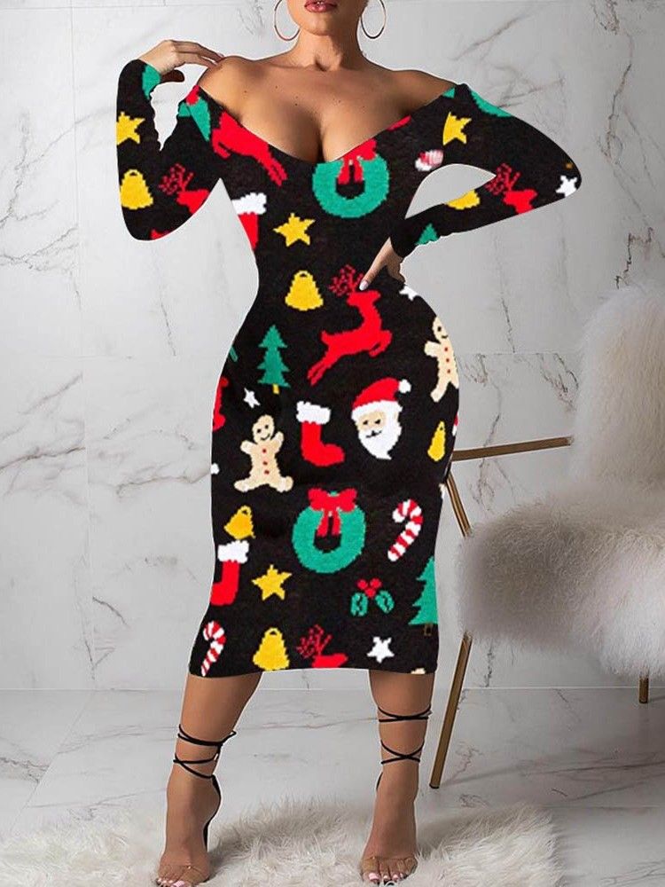 Kvinnors Tryck Långärmad Mid-calf Cartoon Shoulder Cartoon Dress