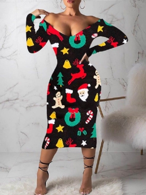 Kvinnors Tryck Långärmad Mid-calf Cartoon Shoulder Cartoon Dress