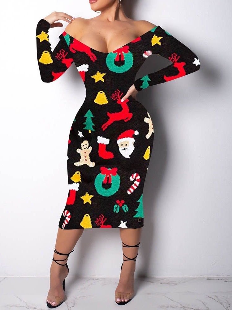 Kvinnors Tryck Långärmad Mid-calf Cartoon Shoulder Cartoon Dress