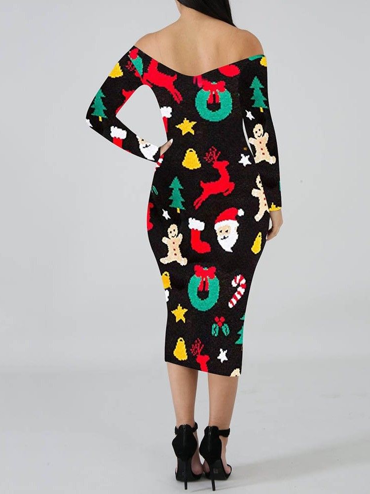 Kvinnors Tryck Långärmad Mid-calf Cartoon Shoulder Cartoon Dress