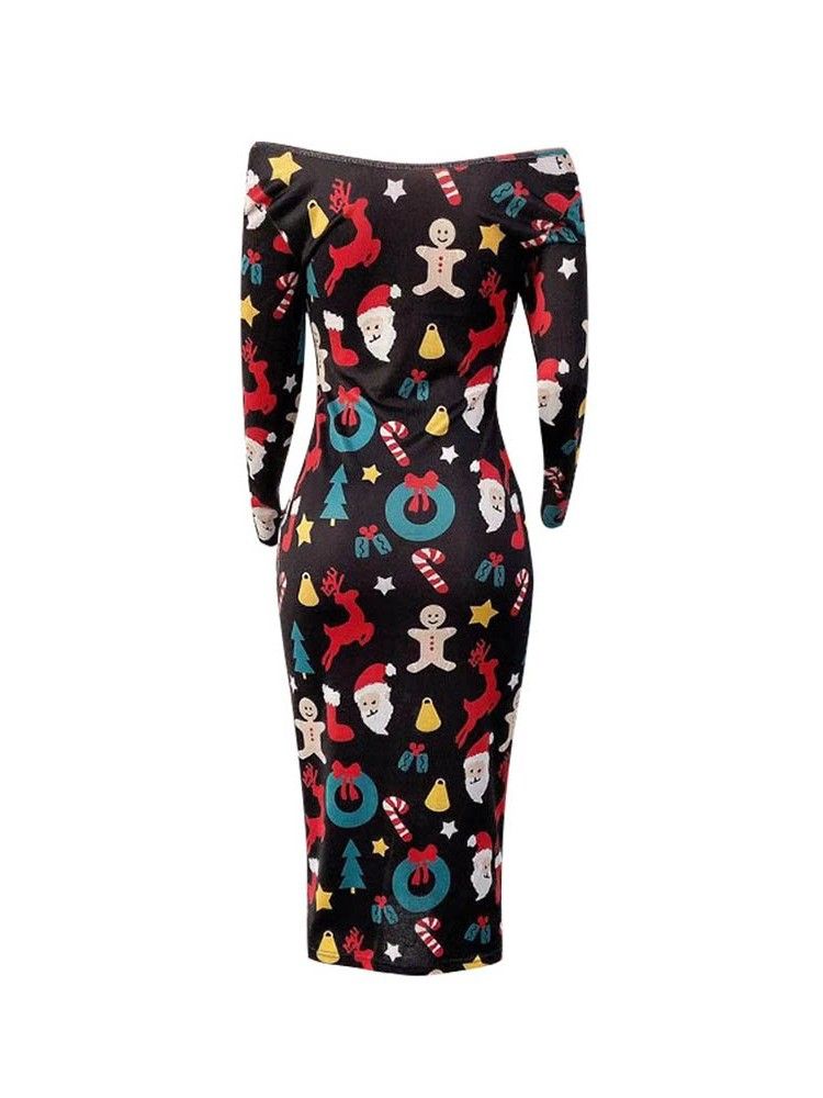 Kvinnors Tryck Långärmad Mid-calf Cartoon Shoulder Cartoon Dress