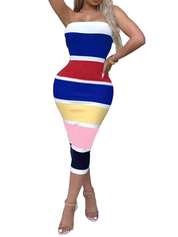 Kvinnors Tryck Långärmad Mid-calf Color Block Mode Bodycon-klänning