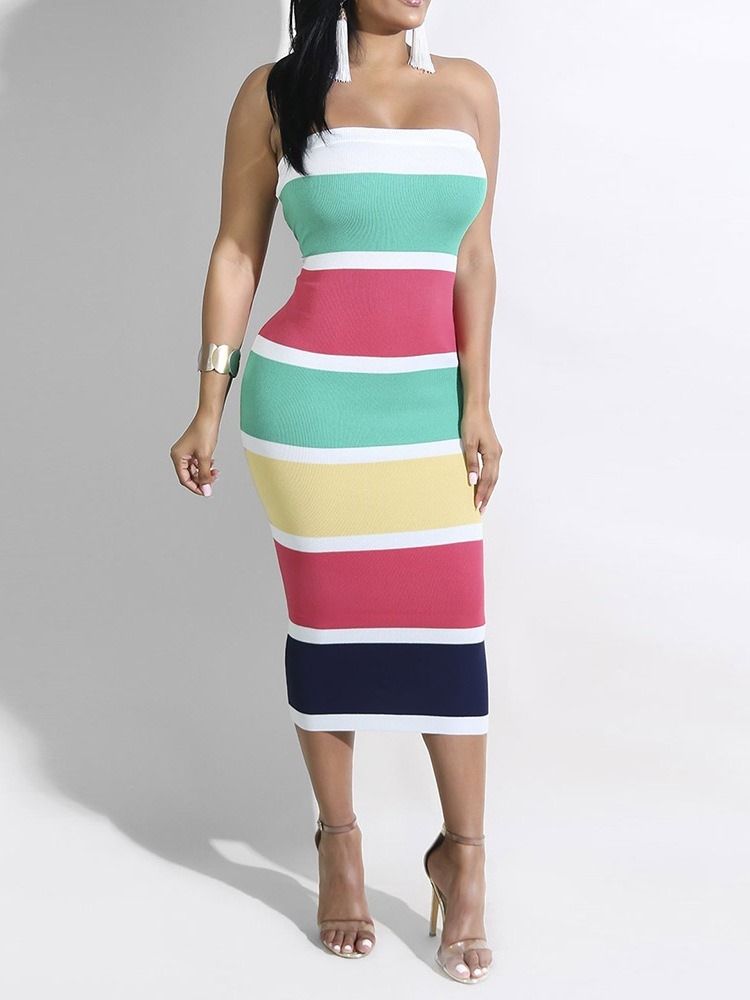 Kvinnors Tryck Långärmad Mid-calf Color Block Mode Bodycon-klänning