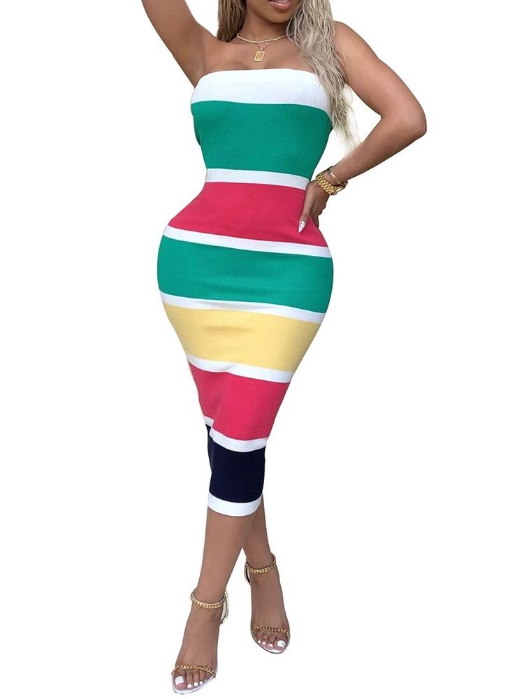 Kvinnors Tryck Långärmad Mid-calf Color Block Mode Bodycon-klänning