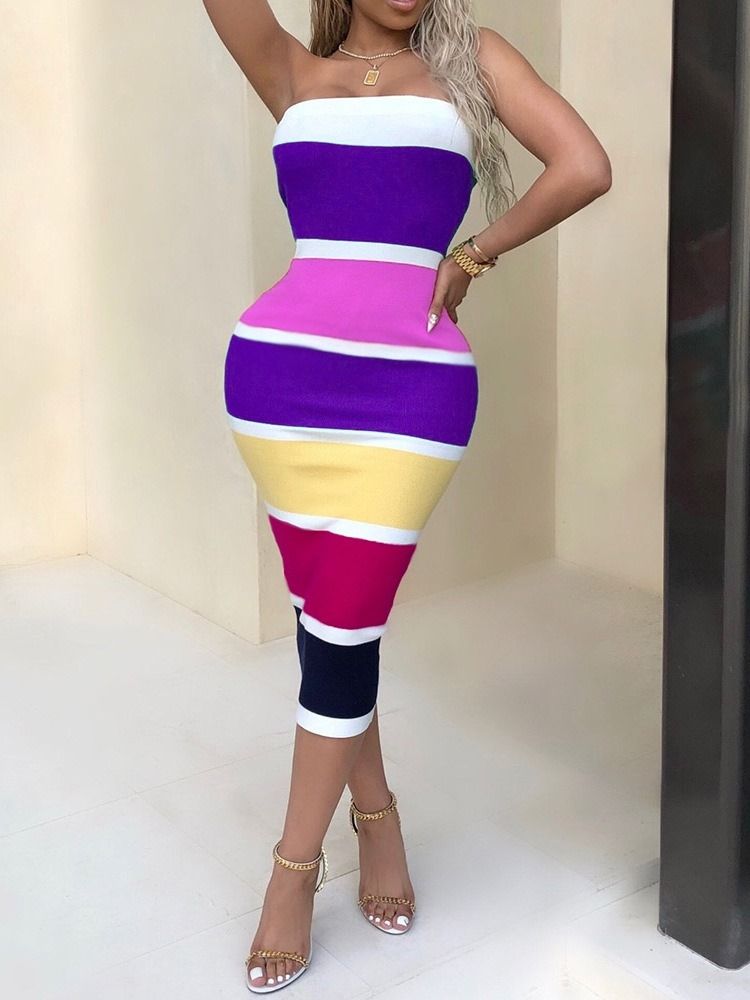 Kvinnors Tryck Långärmad Mid-calf Color Block Mode Bodycon-klänning