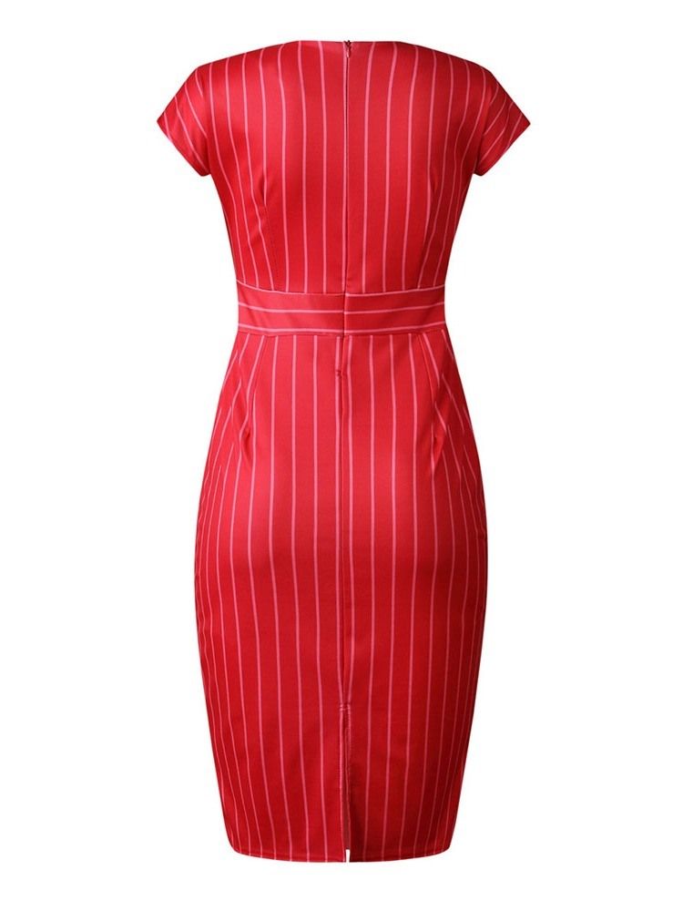 Kvinnors V-ringning Kortärmad Mid-kalv Regular Stripe Dress