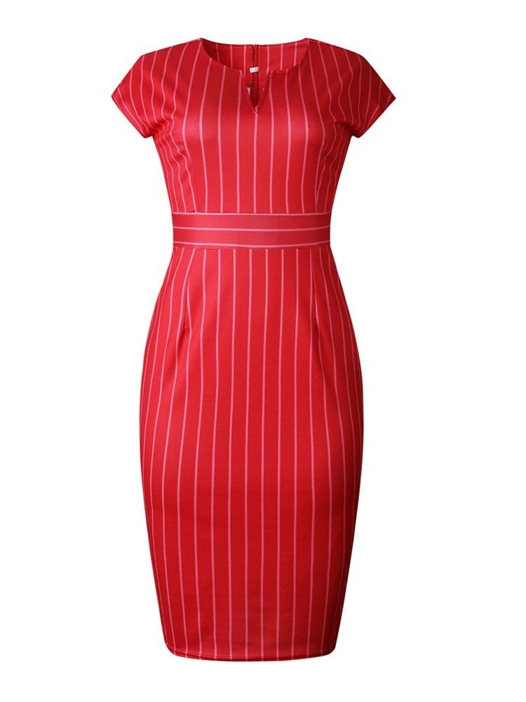 Kvinnors V-ringning Kortärmad Mid-kalv Regular Stripe Dress