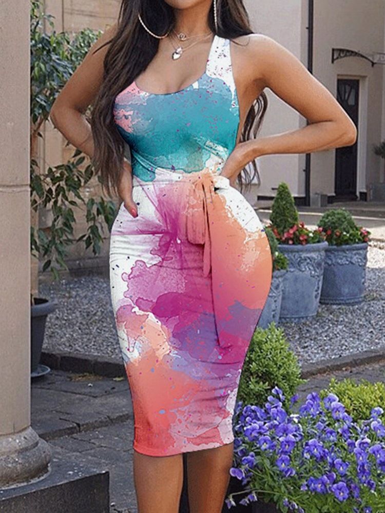 Mid-calf Tie-dye Ärmlös Bodycon-klänning För Kvinnor