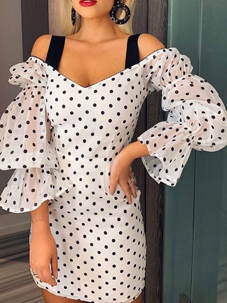 Ovanför Knälappar Nio Poäng Ärm Polka Dots Bodycon-klänning För Kvinnor