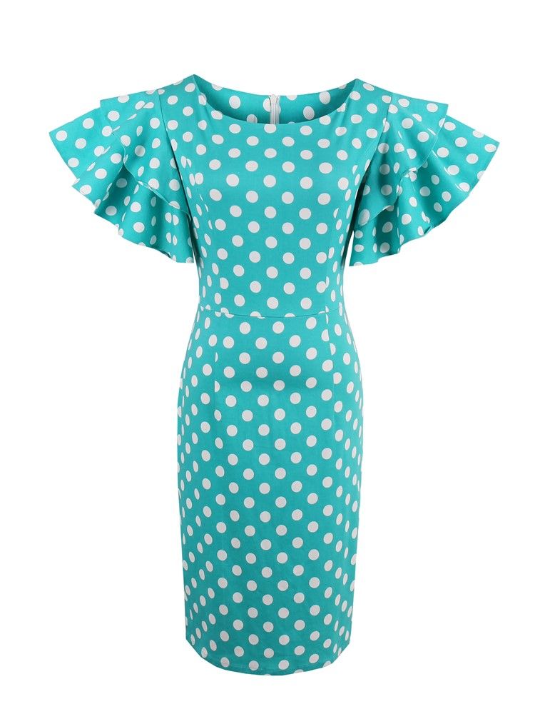 Polka Dots Petal Sleeve Knälång Bodycon-klänning För Kvinnor