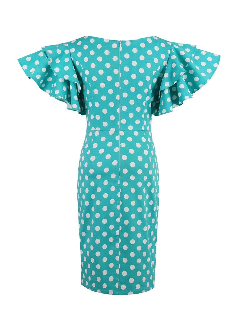 Polka Dots Petal Sleeve Knälång Bodycon-klänning För Kvinnor