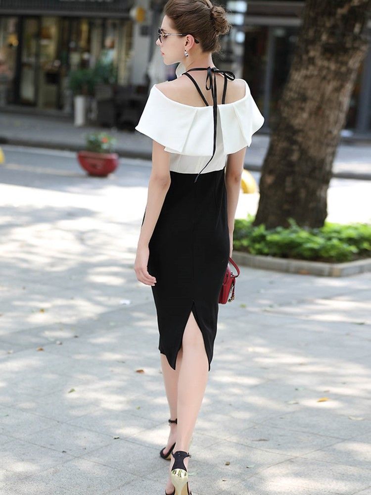 Slash Neck Mid-calf Color Block Frill Dress