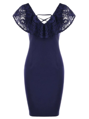 V-ringning Lace Patchwork Cap Ärm Bodycon Klänning För Kvinnor