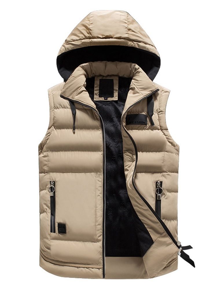 Avtagbar Hooded Plain Pocket Zipper Mens Quilted Vest