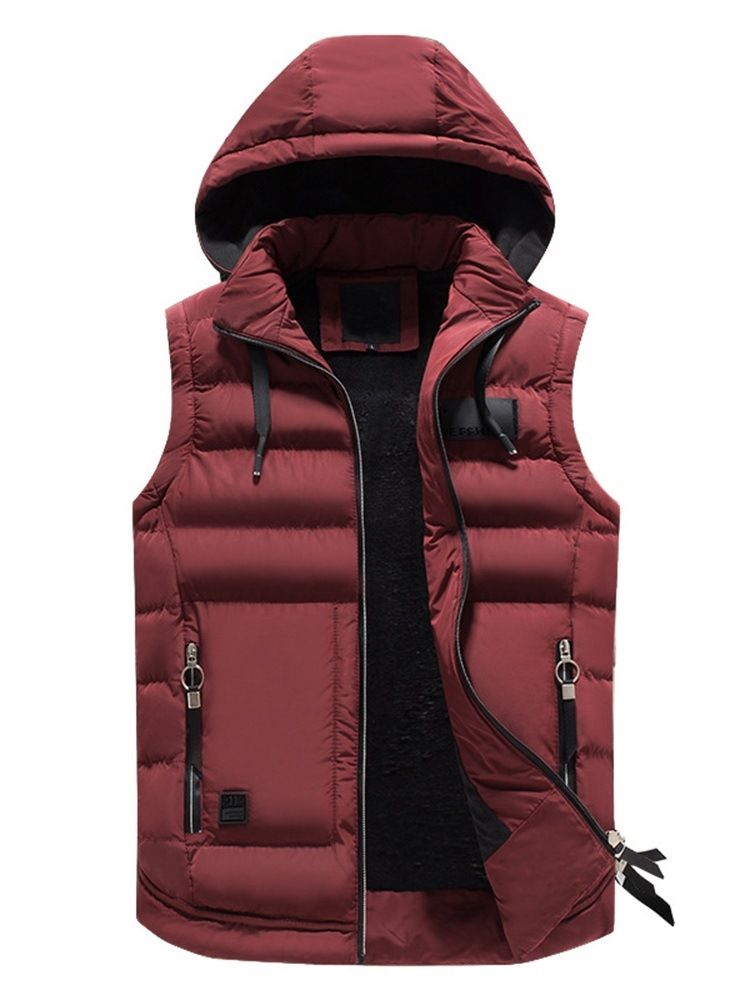 Avtagbar Hooded Plain Pocket Zipper Mens Quilted Vest