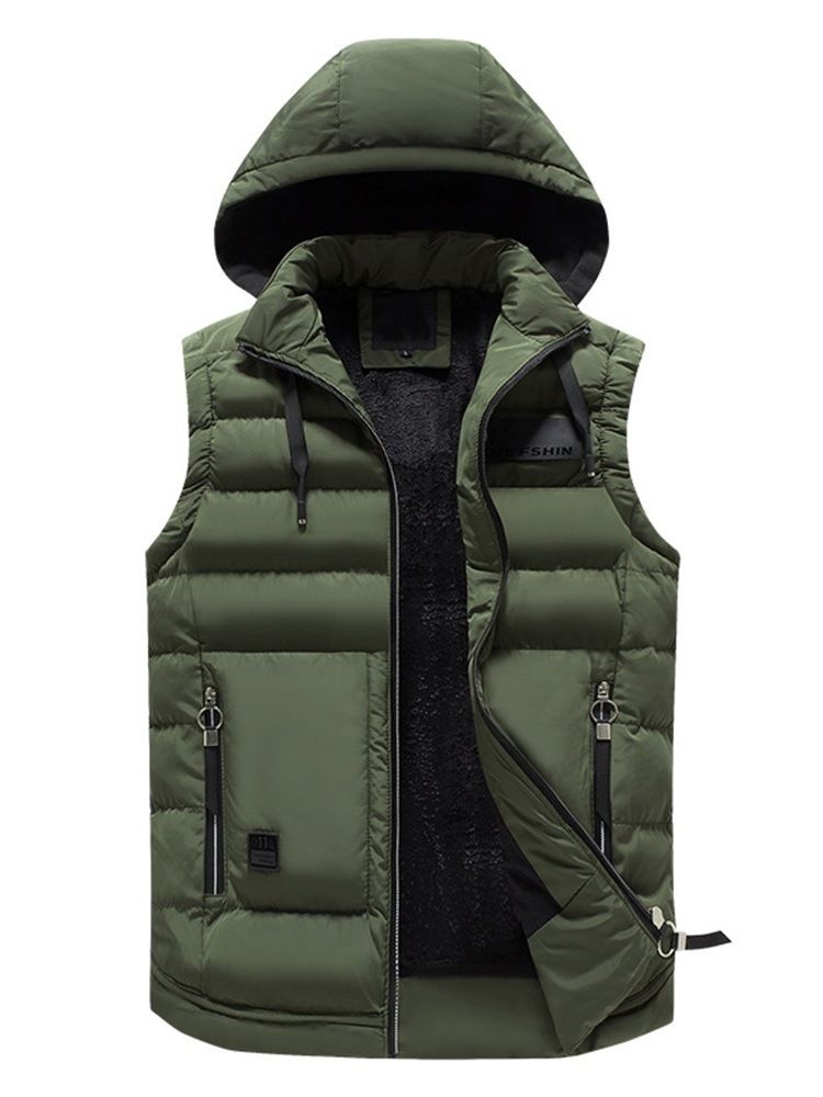 Avtagbar Hooded Plain Pocket Zipper Mens Quilted Vest