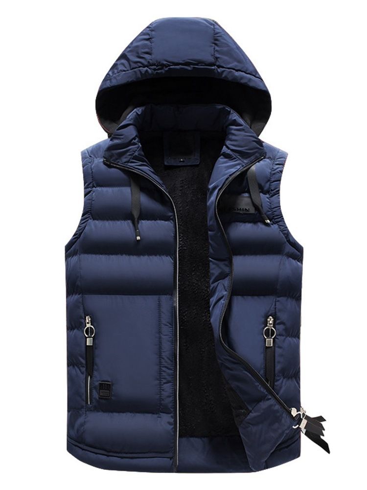 Avtagbar Hooded Plain Pocket Zipper Mens Quilted Vest