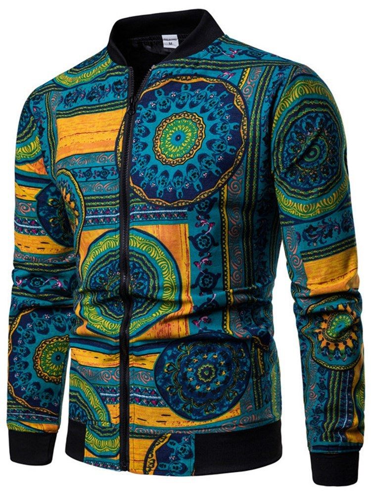 Blue Geometric Pattern Printed Zipper Mens Casual Jacket