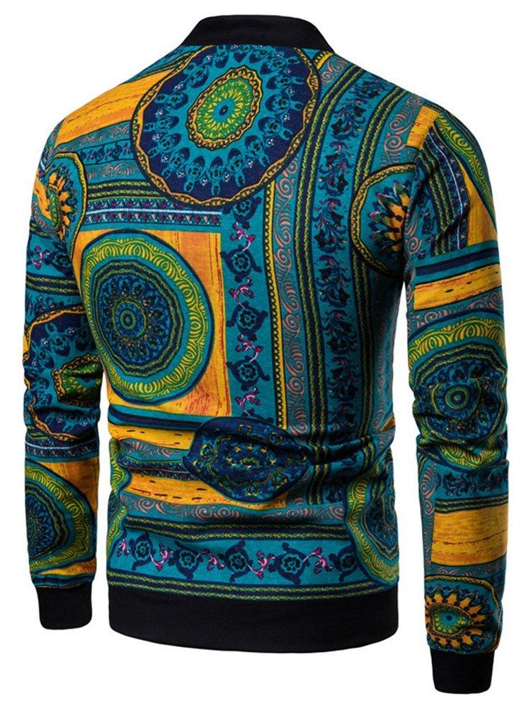 Blue Geometric Pattern Printed Zipper Mens Casual Jacket