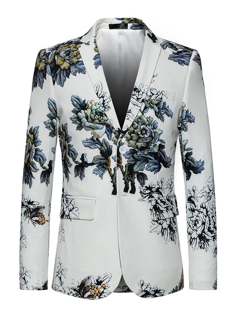 Floral Notched Lapel Vogue White Slim Blazer Med Två Knappar