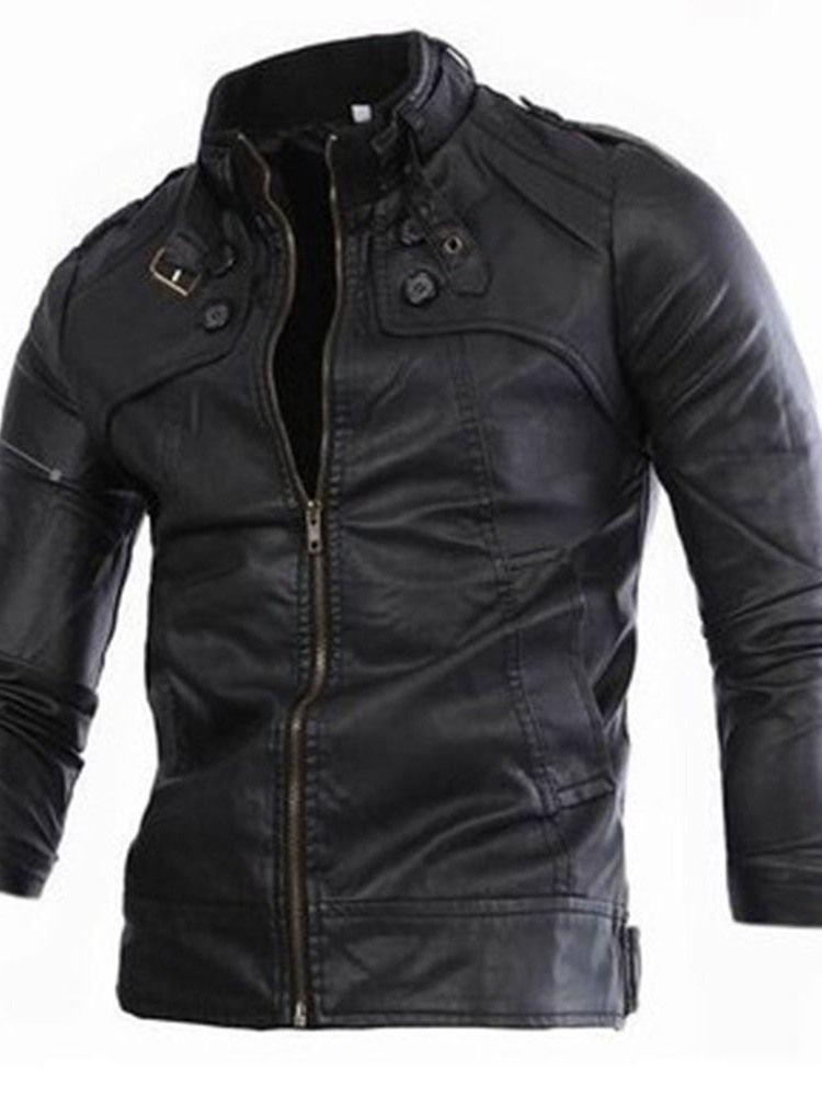 Herr Standard Stand Collar Plain Slim European Leather Jacket