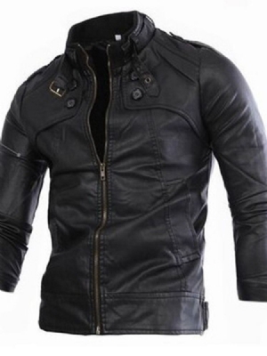 Herr Standard Stand Collar Plain Slim European Leather Jacket