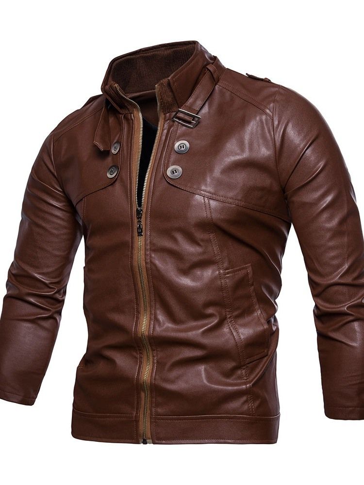 Herr Standard Stand Collar Plain Slim European Leather Jacket