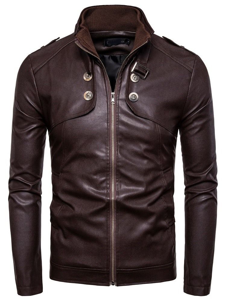 Herr Standard Stand Collar Plain Slim European Leather Jacket