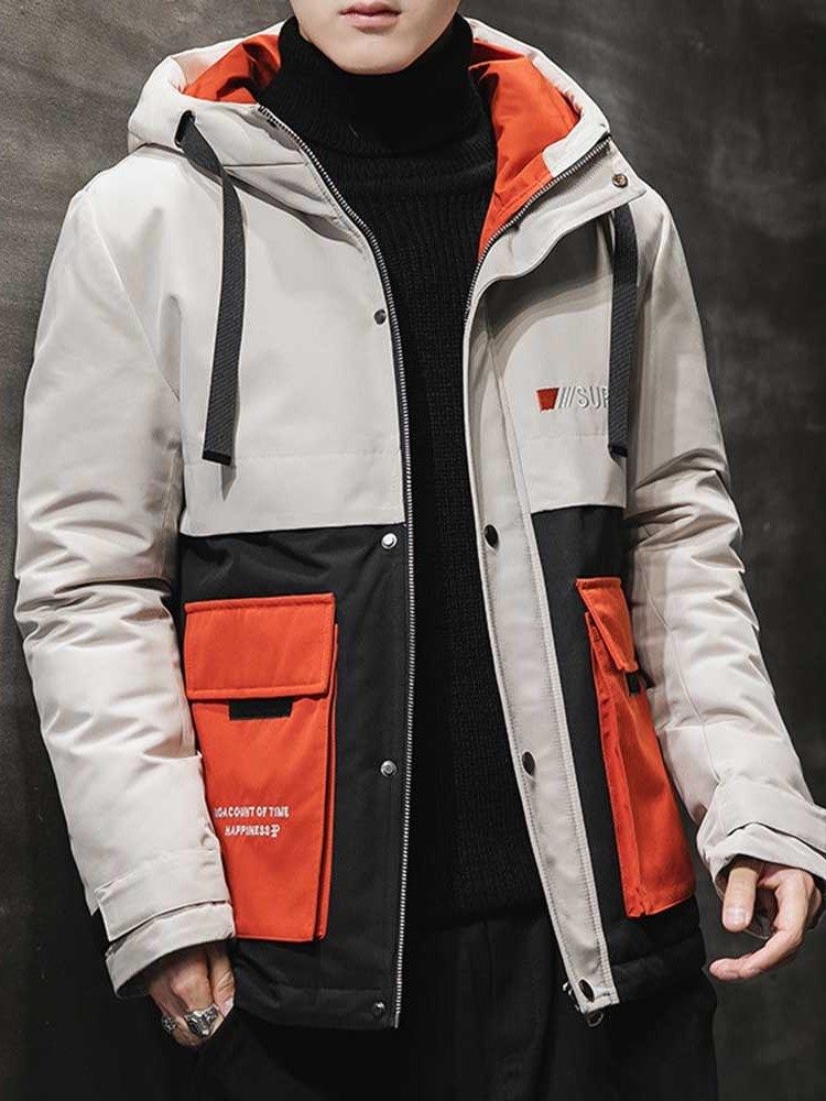 Hooded Zipper Color Block Casual Dunjacka För Män