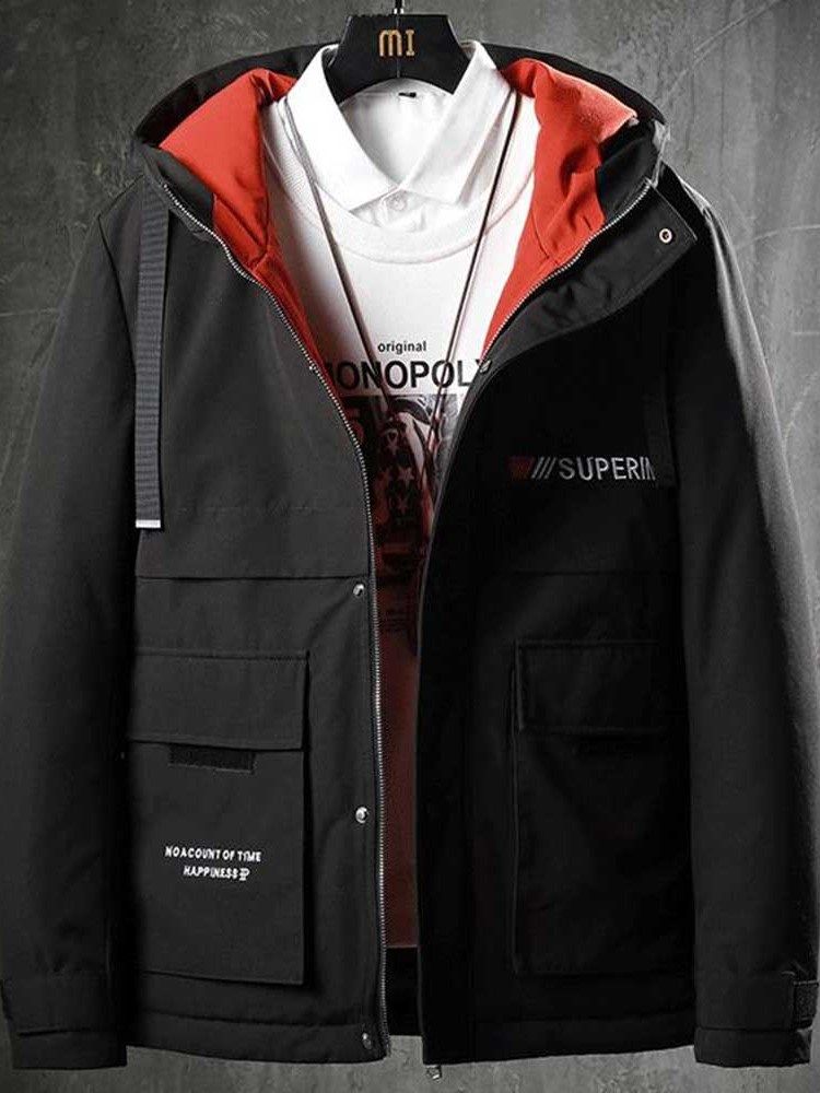 Hooded Zipper Color Block Casual Dunjacka För Män