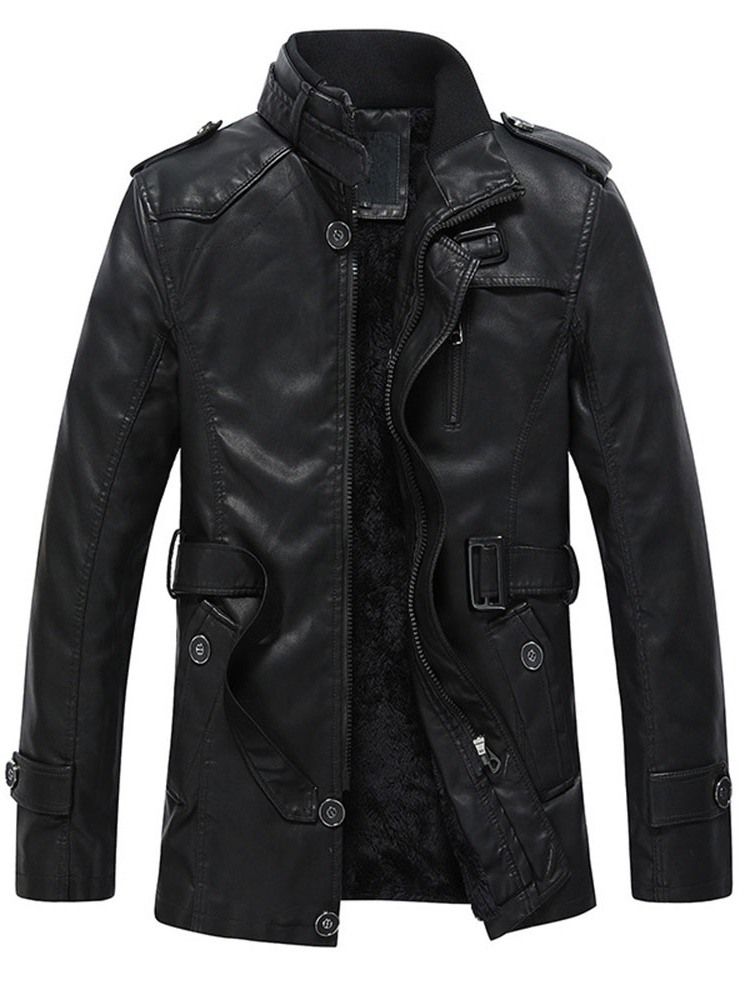 Män Stand Krage Standard Plain Zipper Slim Leather Jacket