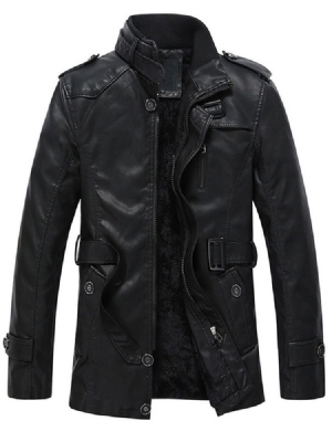 Män Stand Krage Standard Plain Zipper Slim Leather Jacket