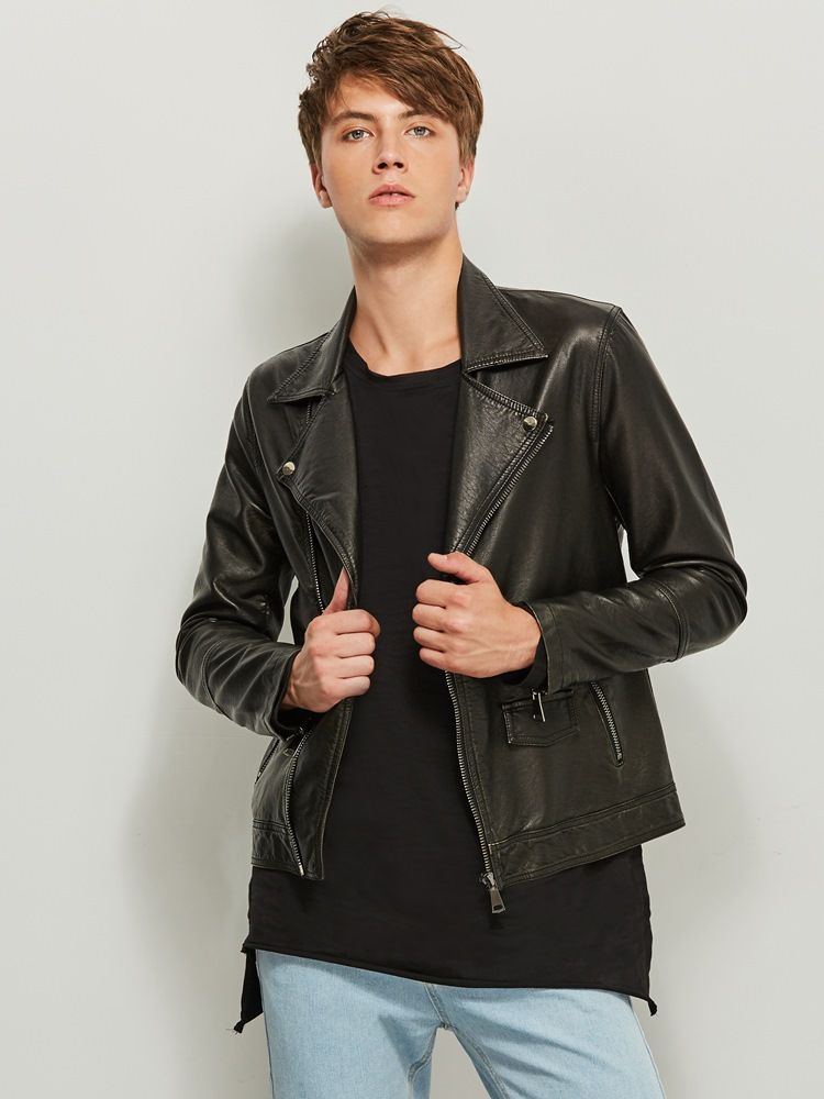 Notched Lapel Solid Color Slim Pu Men's Jacket