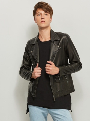 Notched Lapel Solid Color Slim Pu Men's Jacket