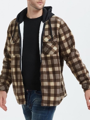 Patchwork Hooded Plaid Zipper Loose Herrjacka