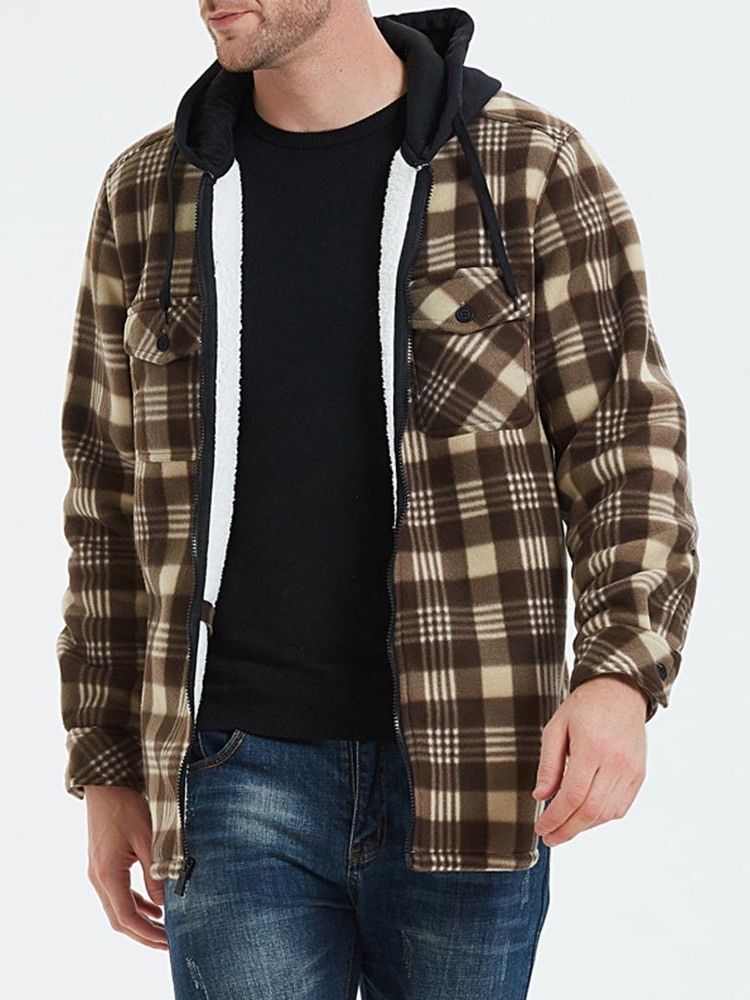 Patchwork Hooded Plaid Zipper Loose Herrjacka