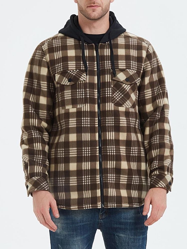 Patchwork Hooded Plaid Zipper Loose Herrjacka